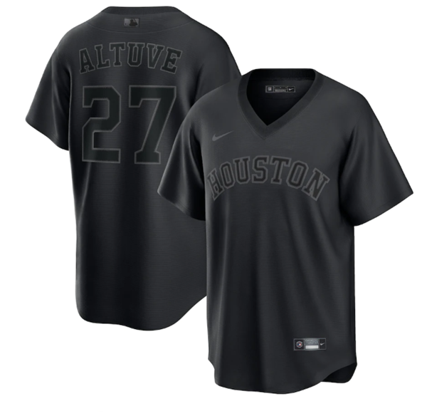 Men's Houston Astros #27 Jose Altuve Black Pitch Black Fashion Replica Stitched Jersey Men's Houston Astros #27 Jose Altuve Black Pitch Black Fashion Replica Stitched Jersey